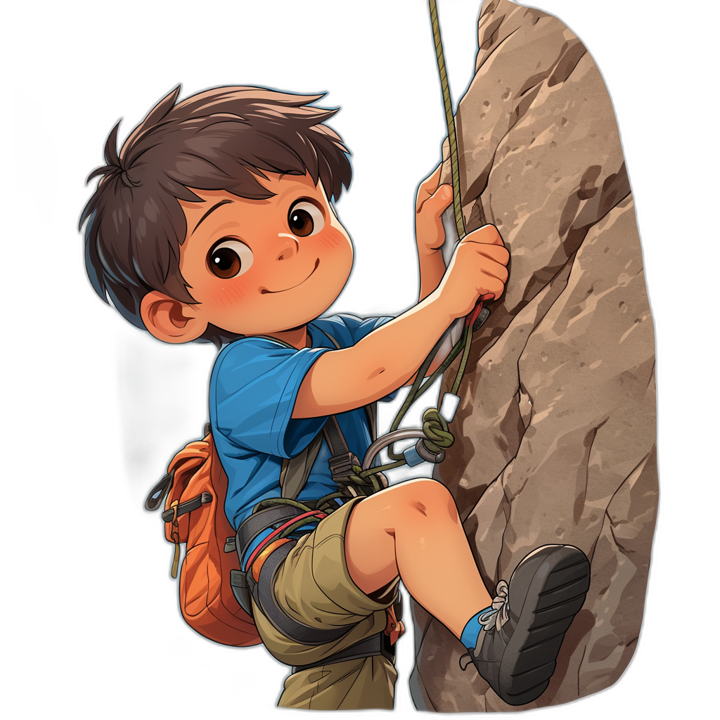 A cute cartoon boy is climbing on the rock, wearing short sleeves and shorts with a black background. He has brown hair and big eyes in his blue shirt. Wearing dark green shoes, he holds onto an iron rope to climb up the mountain. There is also some equipment hanging from him. The character illustration features high resolution and detailed details in the style of anime. Highest quality illustrations.