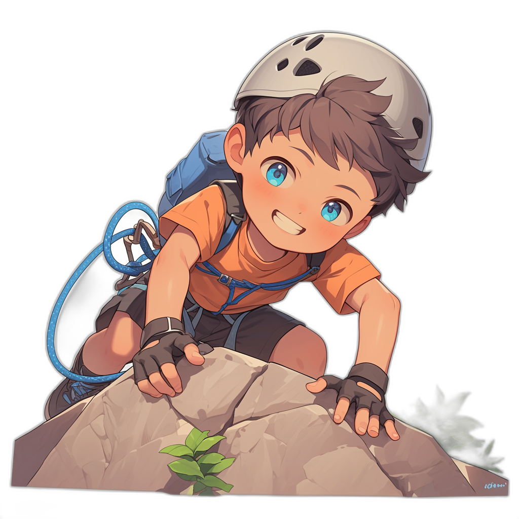 A cute boy with short brown hair and blue eyes, wearing climbing gear including a helmet, ropes around his neck and black shorts on top of the mountain. He is smiling while reaching for something in front of him. In the style of anime with a black background. The overall color scheme should be warm, with orange as an accent color. In the style of cartoon.