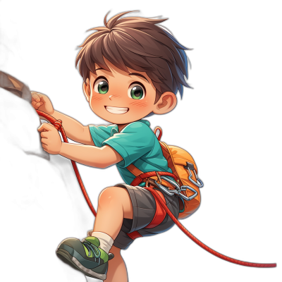 A cute little boy with short brown hair, green eyes and light skin is climbing on the rock using ropes. He wears a blue t-shirt and grey shorts with an orange backpack in the style of anime. The character has an adventurous look, smiling while holding onto his rope. His hands hang from one side of the rope to another. In front view, he's wearing white sneakers with red laces. There should be no shadows or lighting effects on the face.