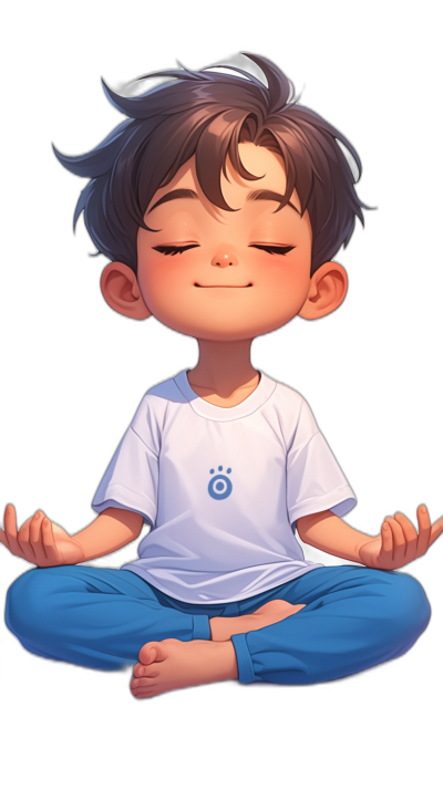 A cute little boy with short hair, wearing blue pants and white t-shirts is sitting cross-legged in the lotus position meditating. He has closed eyes and smiles slightly. The background of his character's body should be black to highlight him against it. In front he wears an "O" logo on her chest, representing Sci-Fi style cartoon drawing.