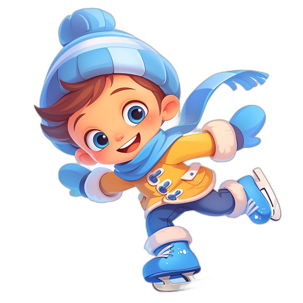 A cute cartoon avatar of the little boy is wearing ice skating , with blue and yellow colors, dressed in warm winter . He has big eyes and wears skates on his feet for ice skating. Black background, in the style of Pixar.