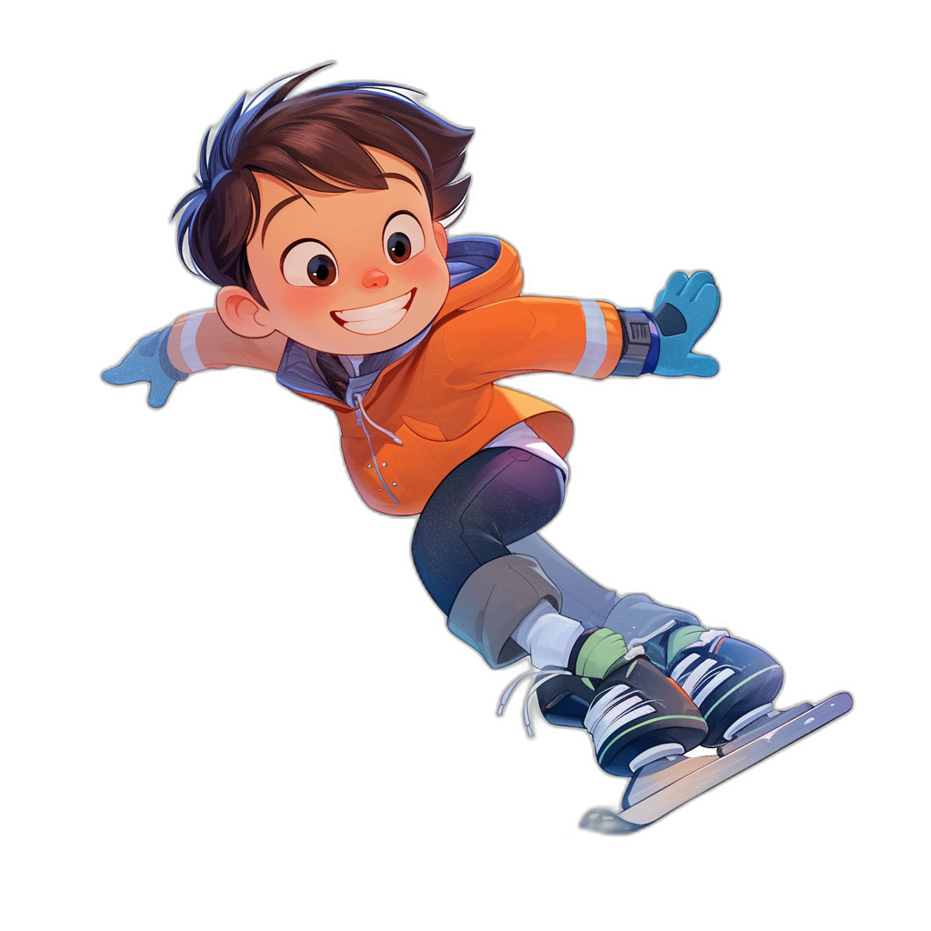 A cute cartoon boy is ice skating, with short hair and wearing an orange jacket, blue gloves on his hands, black pants and white shoes. He has bright eyes and a big smile as he flies through the air against a pure dark background. The illustration style should be in the style of Disney Pixar with a cartoonish character design, a black background, high definition resolution, and high quality.