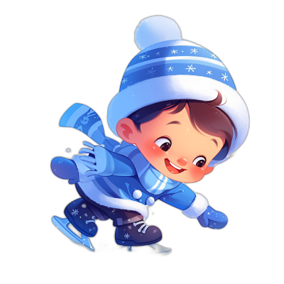 Cute cartoon boy ice skating, wearing a blue hat and , against a black background, in the style of 2D game art, in the style of Disney animation, with high resolution, as a full body portrait, wearing winter  with white snowflakes on it and skates, with a cute expression, capturing a lively movement.