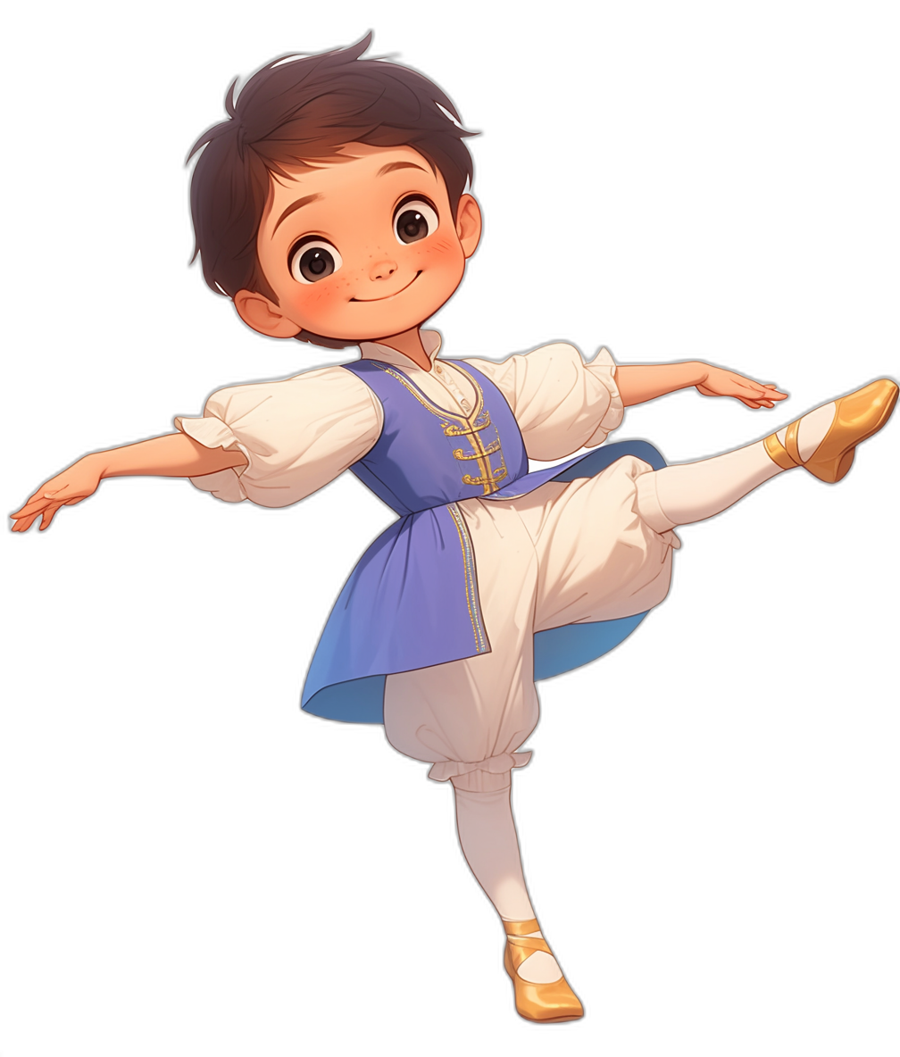 A cute little boy in ballet attire is shown, wearing white pants and a blue vest with golden trim, smiling while dancing on one leg. The background is black to highlight the character. He has short brown hair and big eyes, capturing the style of Disney. The illustration should be simple yet detailed, capturing his cheerful expression as he dances gracefully on only one foot.