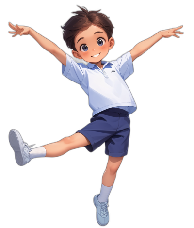 A boy in blue shorts and a white shirt is jumping up, smiling with his arms outstretched. He has brown hair, big eyes, and a round face with a black background. It is a full body shot in the style of anime and Japanese cartoons with high quality, high resolution, and best details like a masterpiece with the best lighting.