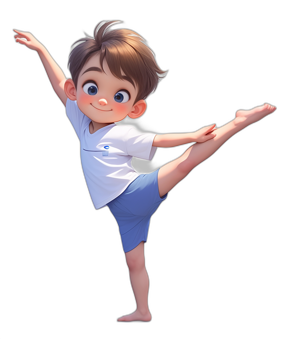 A cute boy with short hair, a white T-shirt, and blue shorts doing a ballet pose in the style of Disney. The character is smiling and looks happy in a full body portrait 3D rendering with bright colors, natural light, high saturation, captured with a wide-angle lens and warm tones. The movements look elegant.