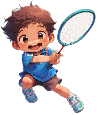 A cute little boy with brown hair, wearing blue and white sports  playing badminton in the style of Japanese anime on a black background. He is smiling while holding his racket ready to hit the shuttlecock. The illustration should have bright colors and be in high definition. It must look like it was created in the style of [Studio Ghibli](https://goo.gl/search?artist%20Studio%20Ghibli) or [Makoto Shinkai](https://goo.gl/search?artist%20Makoto%20Shinkai).