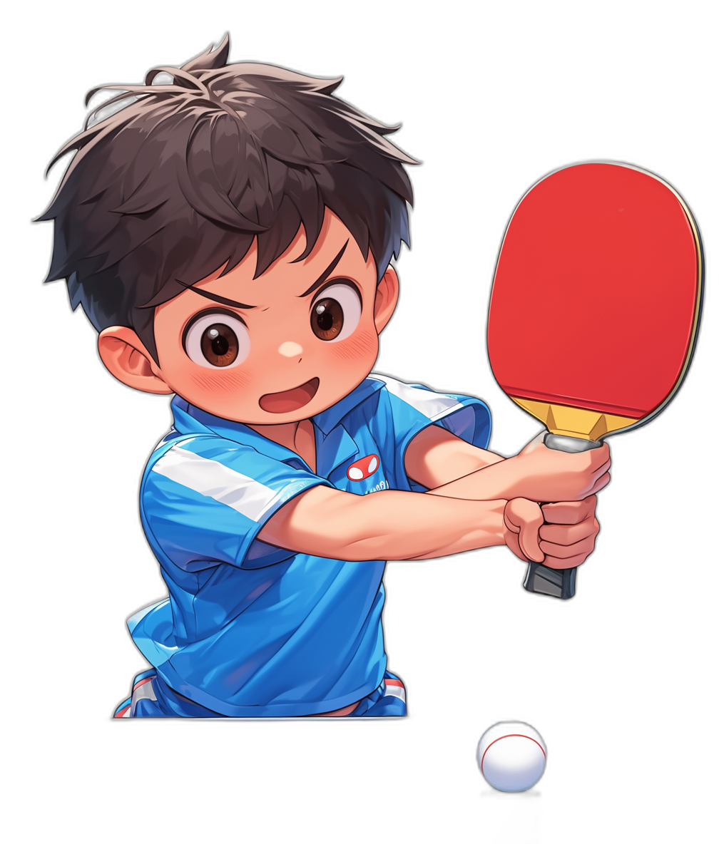 A boy in a blue and white jersey playing table tennis, holding a red paddle and hitting the ball, in the vector illustration style with a black background, simple design, chibi character sticker. The boy has short hair, big eyes, a happy expression, wearing sportswear, with a high contrast color scheme. It is drawn in the style of Japanese cartoonist [Katsuhiro Otomo](https://goo.gl/search?artist%20Katsuhiro%20Otomo), in .