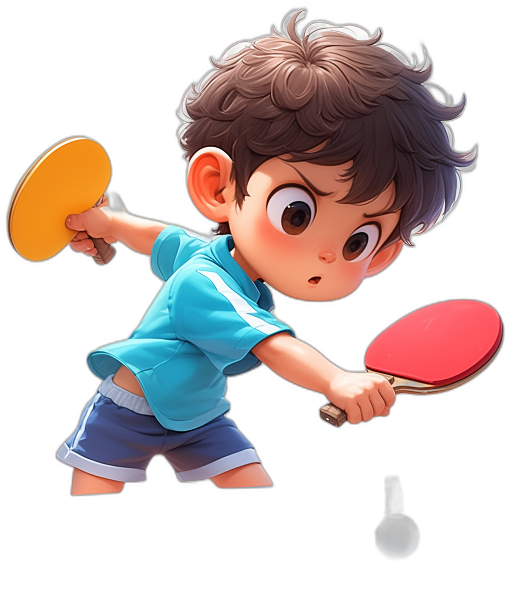 A cute boy playing table tennis in a cartoon style on a solid black background in a 2D game art style with lively facial expressions, wearing blue and white  and short hair, holding the racket in his hand with an exaggerated expression and bright colors and jumping movements.