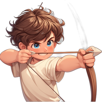 A cute boy with brown hair and blue eyes, wearing a white t-shirt and holding a bow to shoot an arrow in the style of chibi character design, on a black background, in a cartoon art style trending on Artstation as a digital painting illustration.