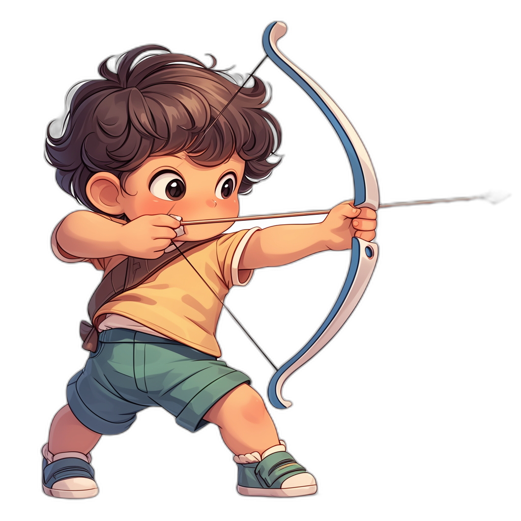 A cute little boy shooting with his bow and arrow in the style of vector art, in a cartoon style, on a black background, wearing shorts and a t-shirt, with brown hair.