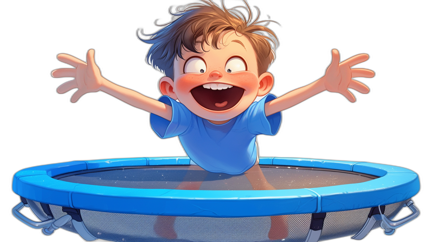 A happy boy jumping on the trampoline in the style of cartoon, black background, blue shirt, big eyes, high quality, high resolution, in the style of Pixar art.