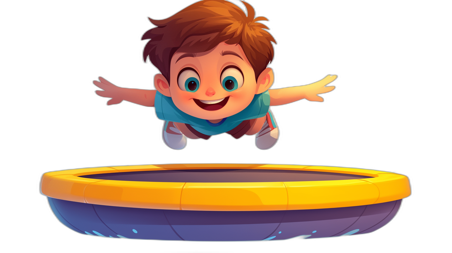 A cartoon-style boy jumping on a trampoline against a black background in the style of game art. A colorful cartoon illustration in the casual mobile games style with a cartooncore, fun and energetic vibe. A high resolution, high quality, high detail, high definition cartoon character design with sharp focus and sharp details without any blur or bokeh effects.