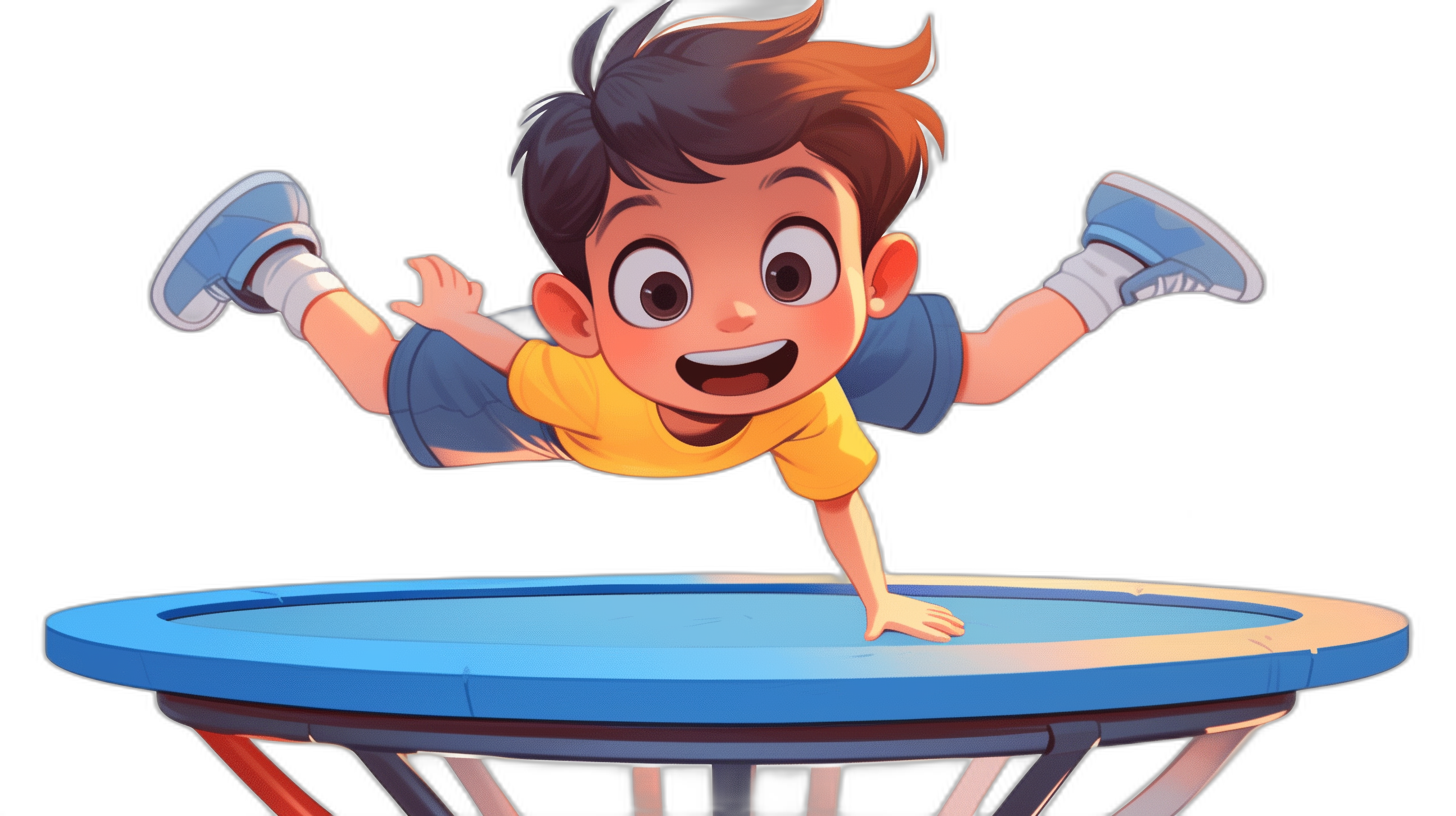 A cartoon illustration of an excited boy with brown hair and blue eyes jumping on the trampoline, black background, medium shot from a high angle view, close-up, in the style of 2D game art, in the style of Pixar animation, 3d rendering, in the Disney style, following Disney character design principles, bold color palette, flat shading, high resolution, high detail, high contrast, bright colors, solid white shoes, solid yellow shirt, solid dark gray pants.