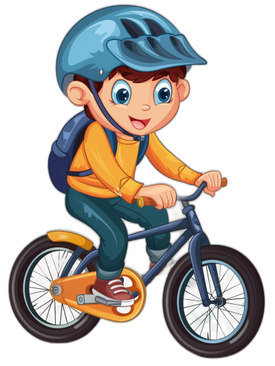 Cute cartoon boy riding bike, vector illustration with black background, colorful, simple design with simple details and lines without shading, using vector graphics in a flat style with simple color blocks. The cute character is in a simple cartoon style suitable for coloring books covers or graphic illustrations using vector graphics. The cartoon character wears a black hat on his head, a blue helmet, a yellow shirt and dark green pants. He has cute big eyes, a smiling mouth open slightly, and his hand holds the bicycle handlebar.