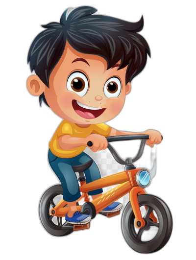 A cute happy cartoon kid boy character riding an orange bike, with black hair and big eyes with blue eyeliner wearing a yellow t-shirt, white jeans and shoes, smiling and having fun on the road in the style of a vector illustration clip art. Isolated in a pure black background color, this high quality, high resolution image has clear edges for each object.