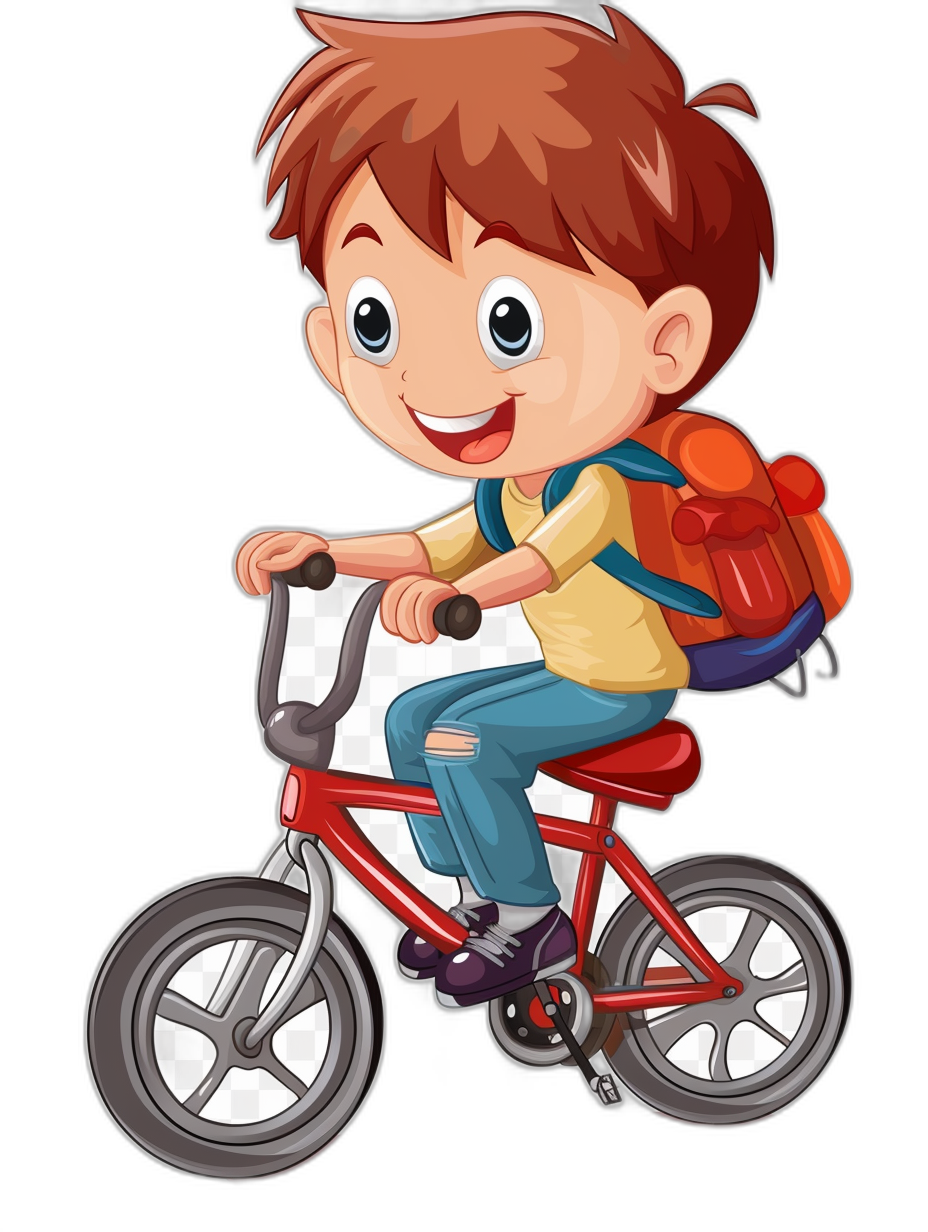 A cute happy cartoon boy riding his bike with a backpack in the style of clip art, isolated on a black background.