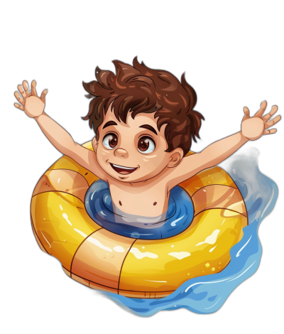 A little boy with brown hair is swimming in the pool, wearing an inflatable ring with a happy expression. The image is drawn in the style of a cartoon with simple lines on a black background using colorful colors. It has high definition and resolution with bright lighting, high detail, and high quality.