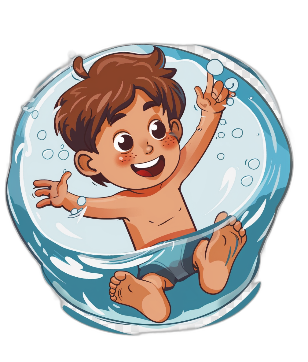 vector sticker of a cartoon style boy inside a transparent water ball, black background, bold outline, simple design, cute kid with brown hair and tanned skin smiling, wearing swimming trunks and sitting on top of an inflatable ring floating in blue clear water, playful atmosphere, vibrant colors, white border around the edges.