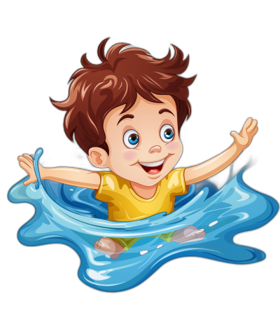 t-shirt design, happy boy with brown hair and blue eyes swimming in water on black background vector illustration cartoon style sticker vector illustration clipart No shadow of the body should be visible