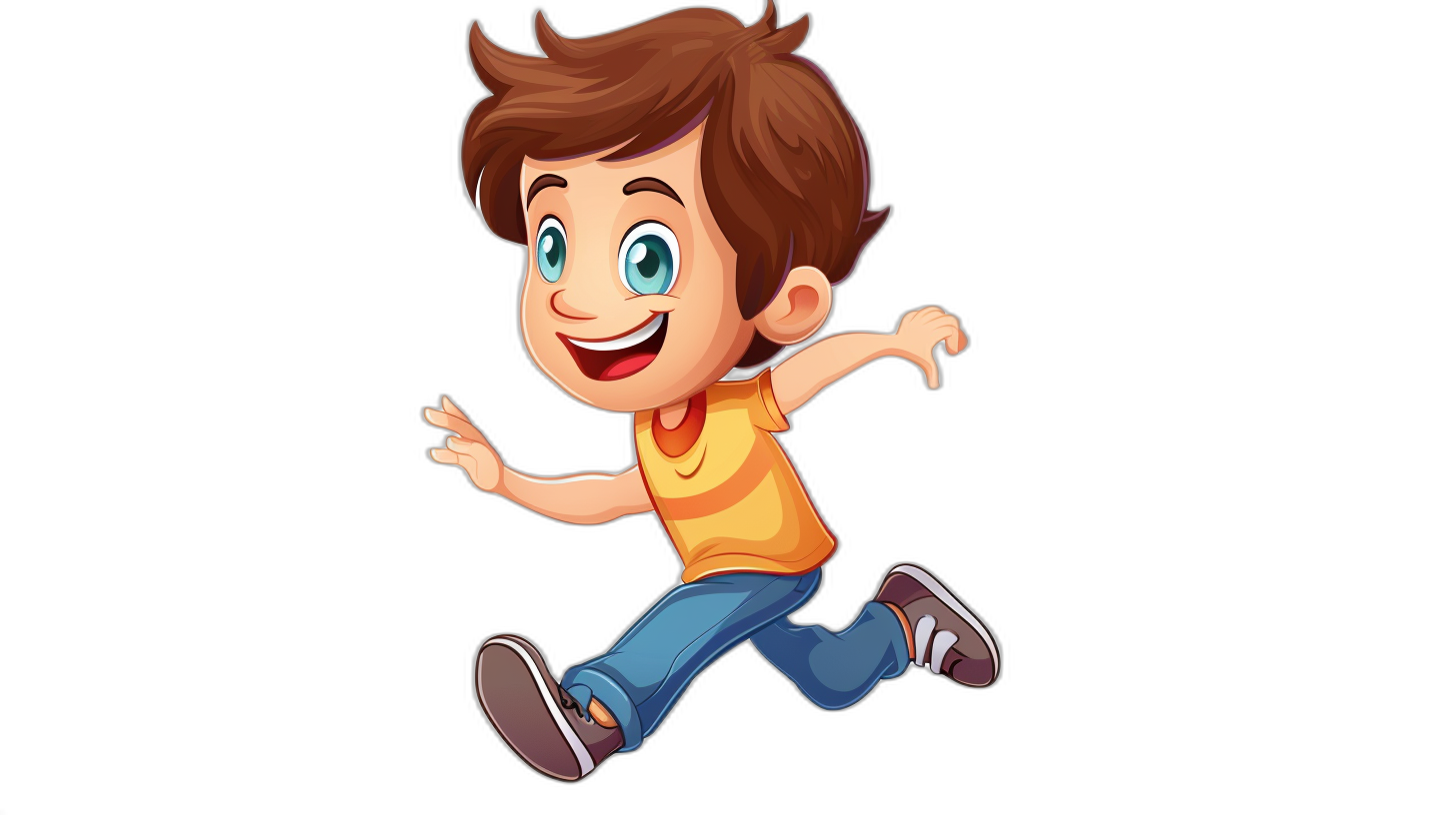 A cartoon boy is running and smiling happily with his head tilted to the side and one hand raised high. He has brown hair and blue eyes, wearing jeans and an orange t-shirt. The background is black. The style is cartoon.