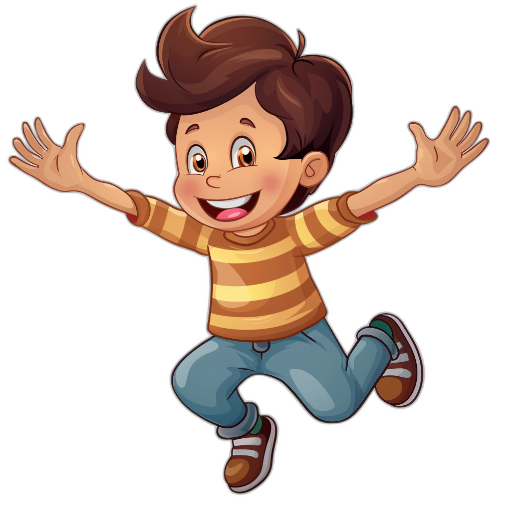 A cartoon boy is jumping up and down, smiling happily with his hands raised in the air. He has brown hair, wearing jeans and striped t-shirts, simple vector illustration style on black background.