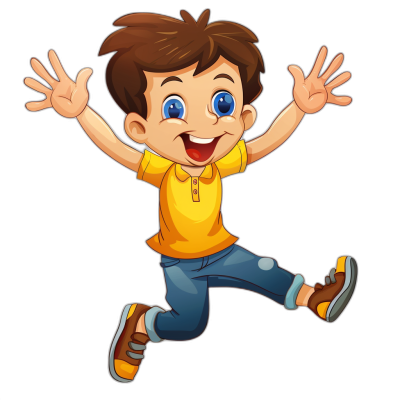 A cute cartoon boy is jumping, with big eyes and a happy expression on his face, wearing yellow short sleeves and blue jeans. The background color of the illustration should be black to highlight its character. Cartoon style, colorful colors, simple lines, cute design, high resolution, no shadows in the middle ground. Vector graphics, professional quality, high detail. Isolated on a Black Background.