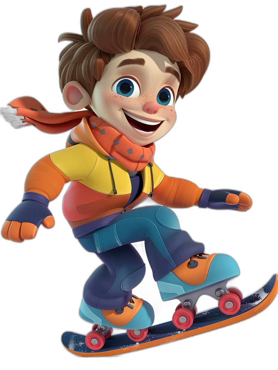 A cartoon character of a young boy with brown hair and blue eyes, smiling on his snowboard against a isolated black background in the style of Pixar Animation Studios. He is wearing colorful , including orange gloves, dark pants, red boots, a yellow shirt, a light purple jacket, a scarf around his neck, and cyan shoes on his feet. The illustration should capture his cheerful expression as he rides across ice, showcasing vibrant colors and playful details that reflect adventure and excitement. Isolated on a white background.