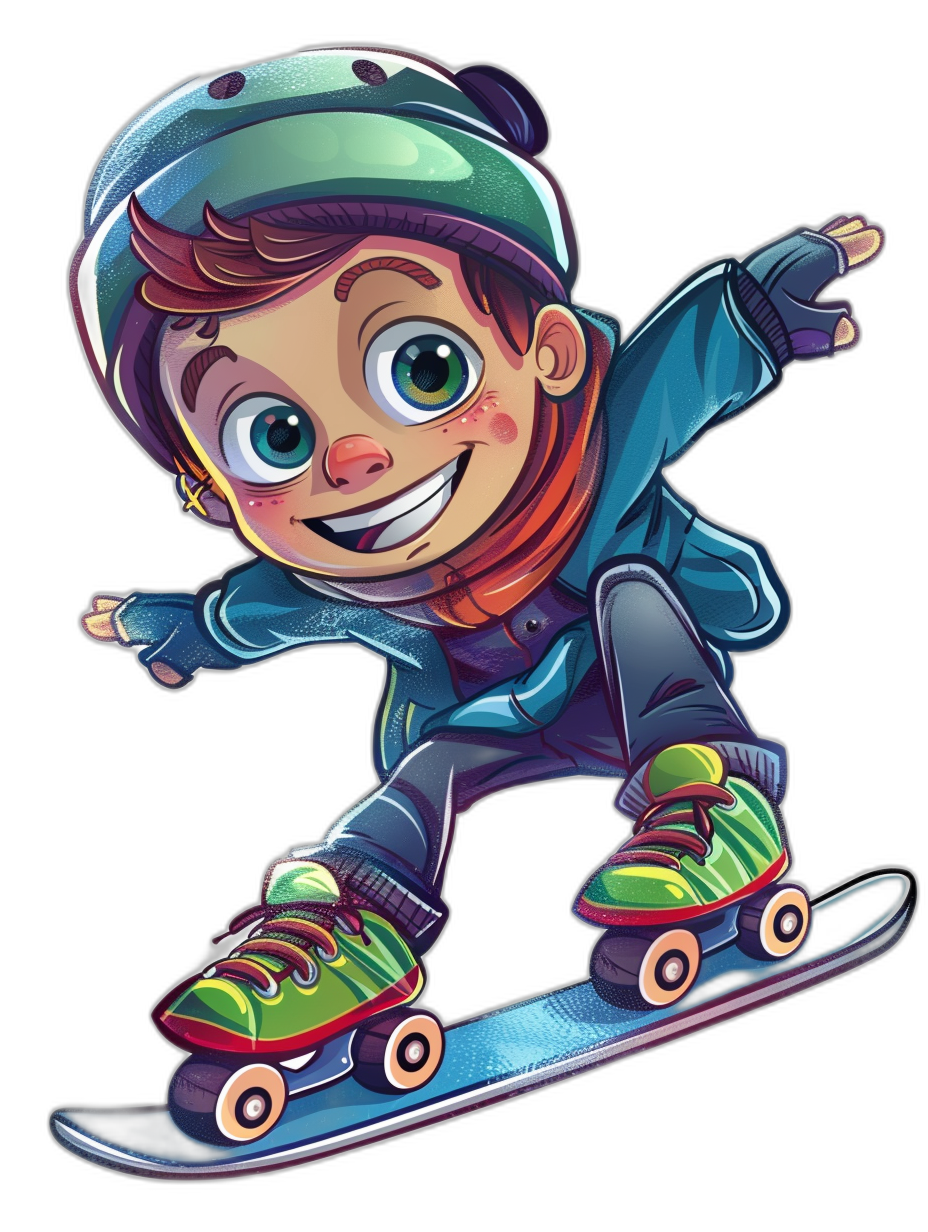 A cartoon of an adorable little boy with big eyes and smiling, wearing a helmet and riding on a snowboard, in the style of vector art with an isolated black background and vivid colors.