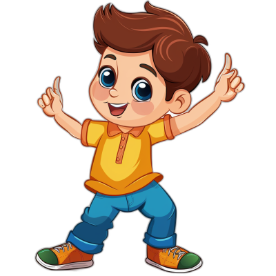 a cute cartoon boy with brown hair and blue eyes, dancing pose wearing yellow shirt jeans orange shoes vector sticker style on black background