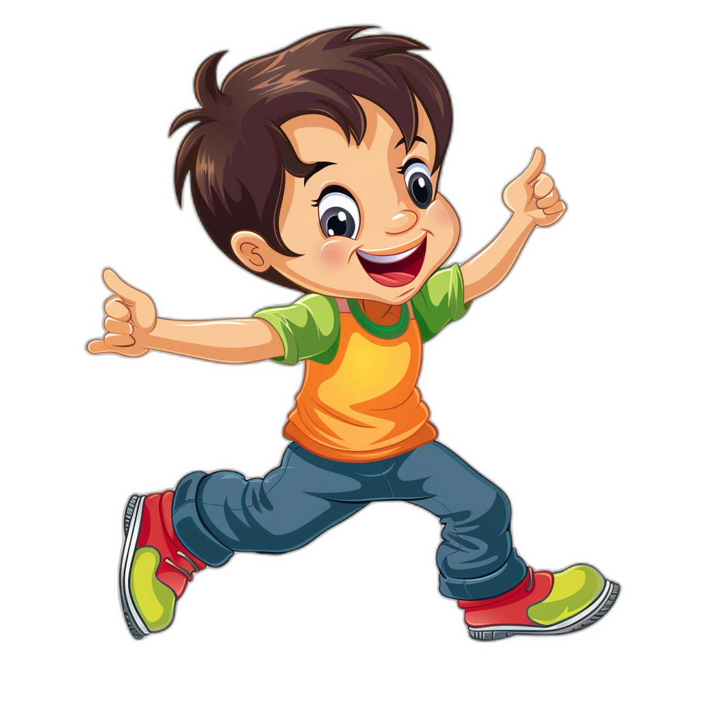 A cute cartoon boy is running and smiling in a vector illustration with a black background. The little man has brown hair, blue jeans, an orange tshirt underneath green short sleeves, and red shoes on his feet. He is posed with his thumbs up, jumping in the air with a happy expression. He is wearing bright colors in a vector illustration style, isolated on a white background.