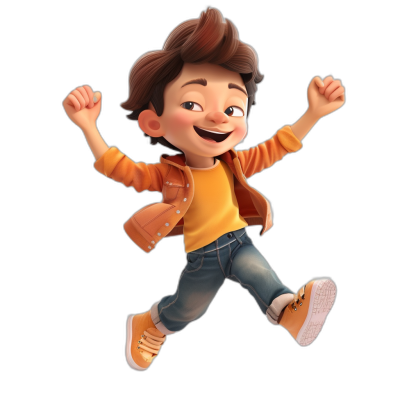 A young boy with brown hair, wearing jeans and an orange jacket jumping for joy in the style of Pixar animation on a black background.