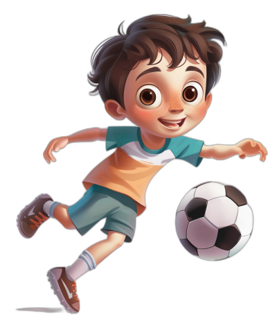 A cute cartoon boy playing soccer against a black background. The Disney style cartoon character has short brown hair and big eyes, wearing shorts and a t-shirt while kicking the ball in an action pose. The 3D rendering is in the style of Pixar with high resolution, high details, high quality, and high definition. The image has high contrast.