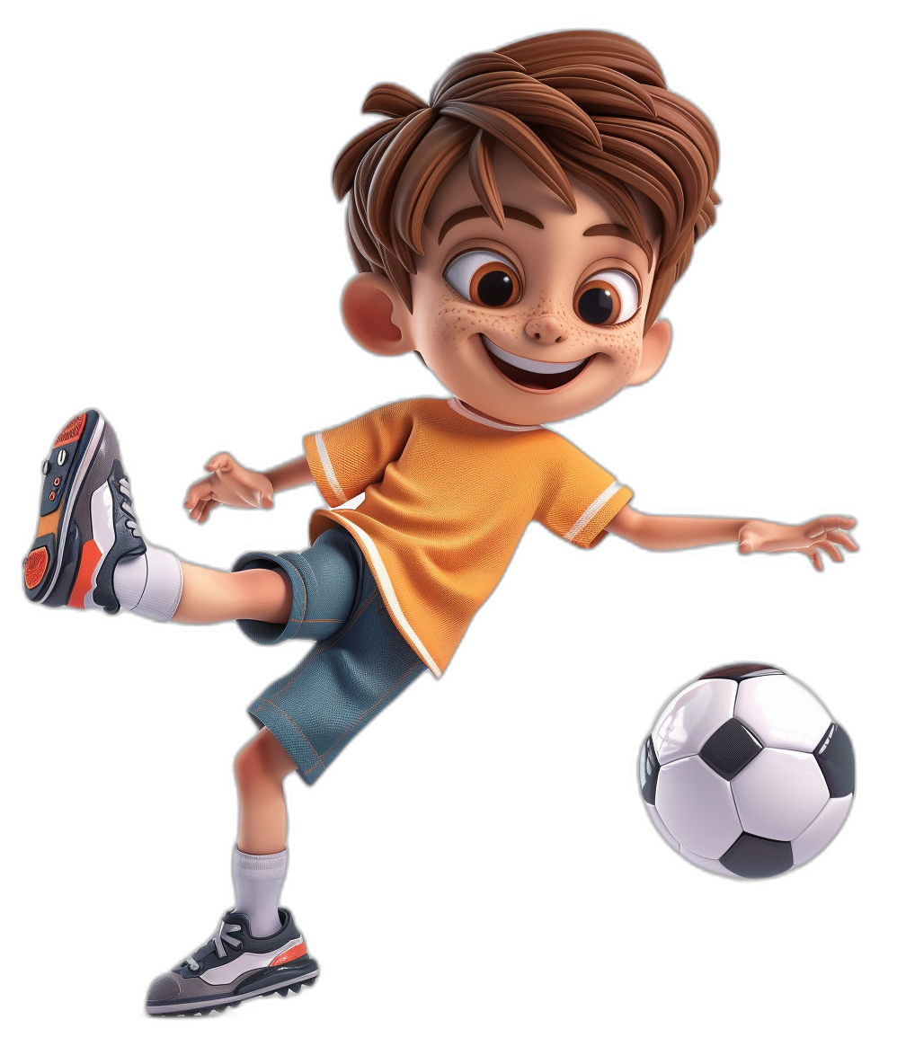 A boy kicking a ball in a cartoon character design against a black background with 3D rendering in the style of Disney. The simple details include bright colors, cute and lively movements. He has fine facial features, wearing shorts with orange short sleeves and gray shoes on his feet. The boy has brown hair, big eyes, and a smiling, happy face expression as he plays football.