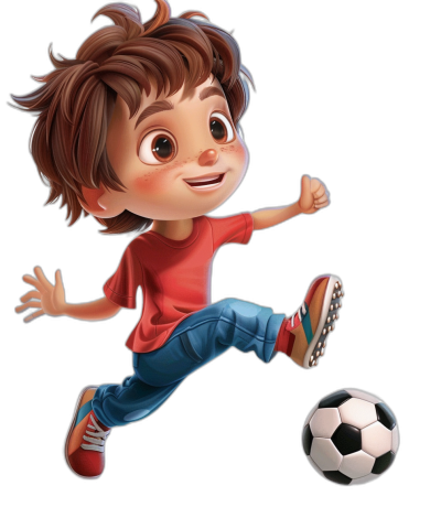 A cute little boy is kicking a soccer ball in the style of Pixar Disney. With a black background and simple details, the 3D rendering shows a full body portrait of the character wearing a red t-shirt, blue jeans, and white shoes. He has brown hair, big eyes, and is smiling happily. The image is high resolution, high detail, and high quality.