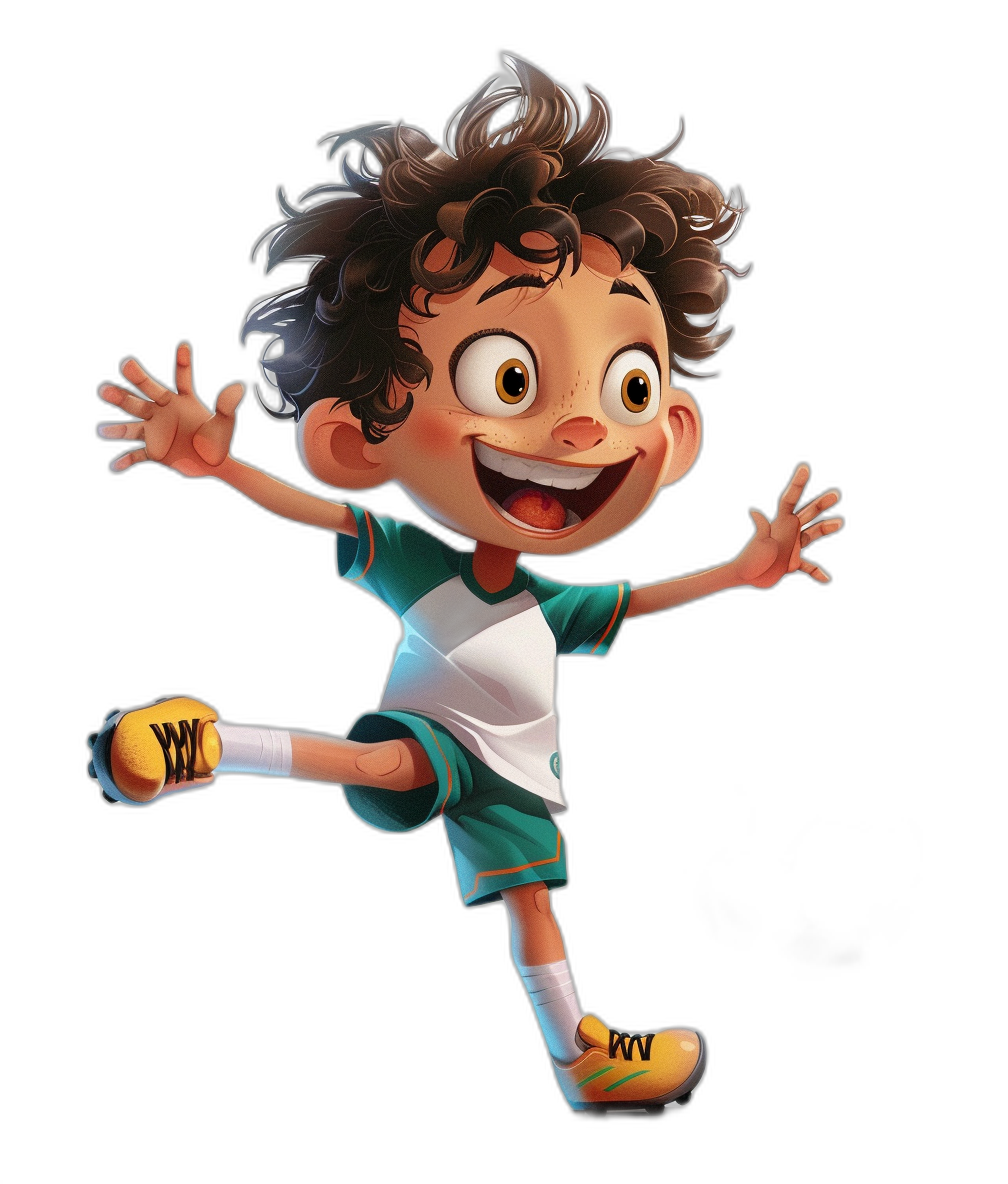 A cute little boy with curly black hair, wearing a green and white football uniform with shorts and yellow shoes, smiling happily as he jumps up in the air to shoot in the style of Disney. The character design has a pure black background and is in high definition.