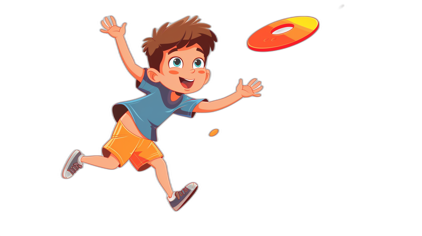 A cartoon boy is throwing a frisbee in the style of flat design with a black background. The character has brown hair and blue eyes, wearing orange shorts, a white shirt and grey shoes. He throws the frisbee very high into space. It is a simple cartoon illustration with bright colors. In front of him there should be nothing but darkness.