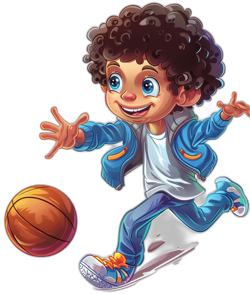 vector cartoon of curly hair boy playing basketball, wearing blue and white jacket with sneakers shoes, isolated on black background,