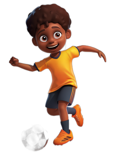 A black boy playing soccer, wearing a yellow t-shirt and navy blue shorts with orange shoes, with a smiling face, full body character design in the style of Disney Pixar on a black background.