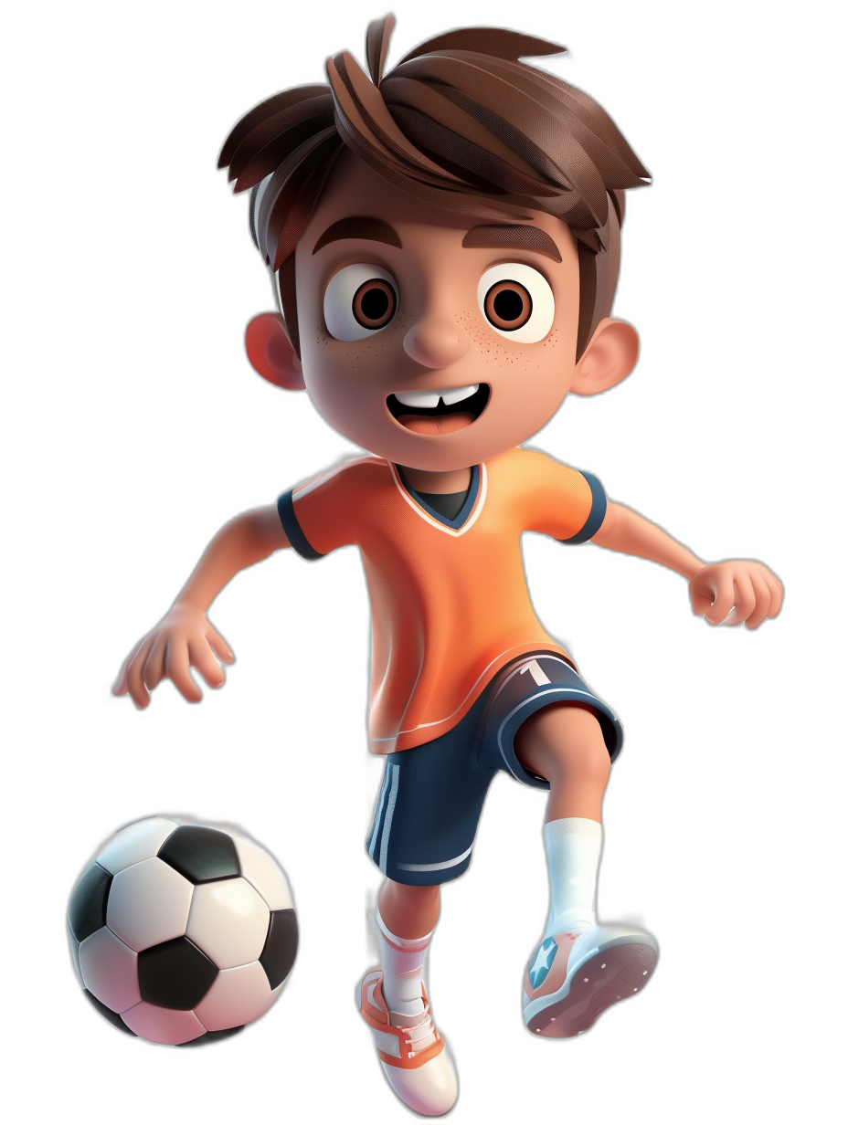 Cartoon illustrative style, full body portrait of a boy playing soccer in an orange and navy blue uniform with white shoes, black background, 3D rendering, in the style of Disney Pixar animation, character design, vibrant colors, cute expression, big eyes, smile. The young man is wearing an oversized t-shirt and shorts, kicking the ball, and looking at the camera. He has brown hair, dark skin color, white socks on his feet, a happy face, smiling. Black background. Full-body shot.