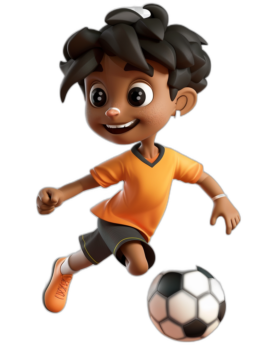 3D character of an Indian boy playing football on a black background, in the style of Pixar. The cartoon is in an orange and dark grey color palette with white outlines. In full body, the cute-eyed boy has flying ball seen on the right side. He is wearing a short-sleeved t-shirt and his shoes are visible. He has black hair.