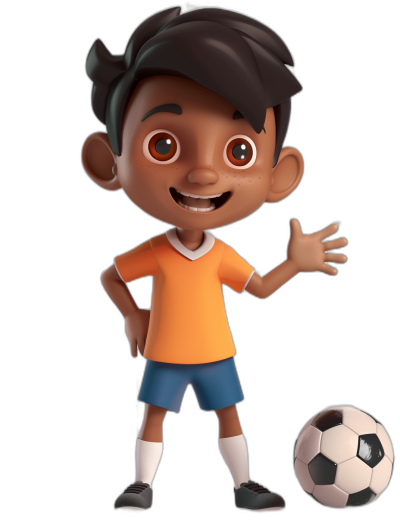 A young Indian boy wearing an orange t-shirt and blue shorts with white socks, smiling while holding out his hand to give you something beside him is a soccer ball. Full body shot with a black background, this 3D Disney-style illustrated character has Pixar quality resembling a children's storybook figure.