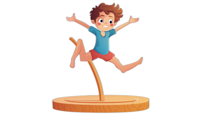 A cartoon boy is jumping over the high jump bar on top of an indoor wooden base, with a black background and simple illustration style. He has brown hair, wearing a blue short-sleeved shirt and red shorts, holding his hands up in front for balance, jumping straight ahead in a full body portrait. The character's face shows confidence and joy in the style of .