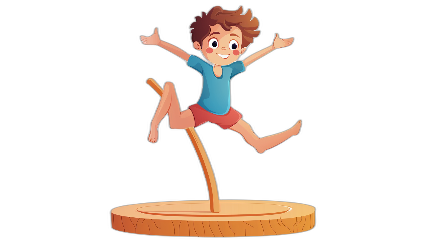 A cartoon boy is jumping over the high jump bar on top of an indoor wooden base, with a black background and simple illustration style. He has brown hair, wearing a blue short-sleeved shirt and red shorts, holding his hands up in front for balance, jumping straight ahead in a full body portrait. The character’s face shows confidence and joy in the style of .