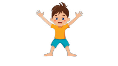 A cute cartoon boy, wearing blue shorts and an orange t-shirt with his hands raised up in the air on black background. Vector illustration for animation or motion graphics.
