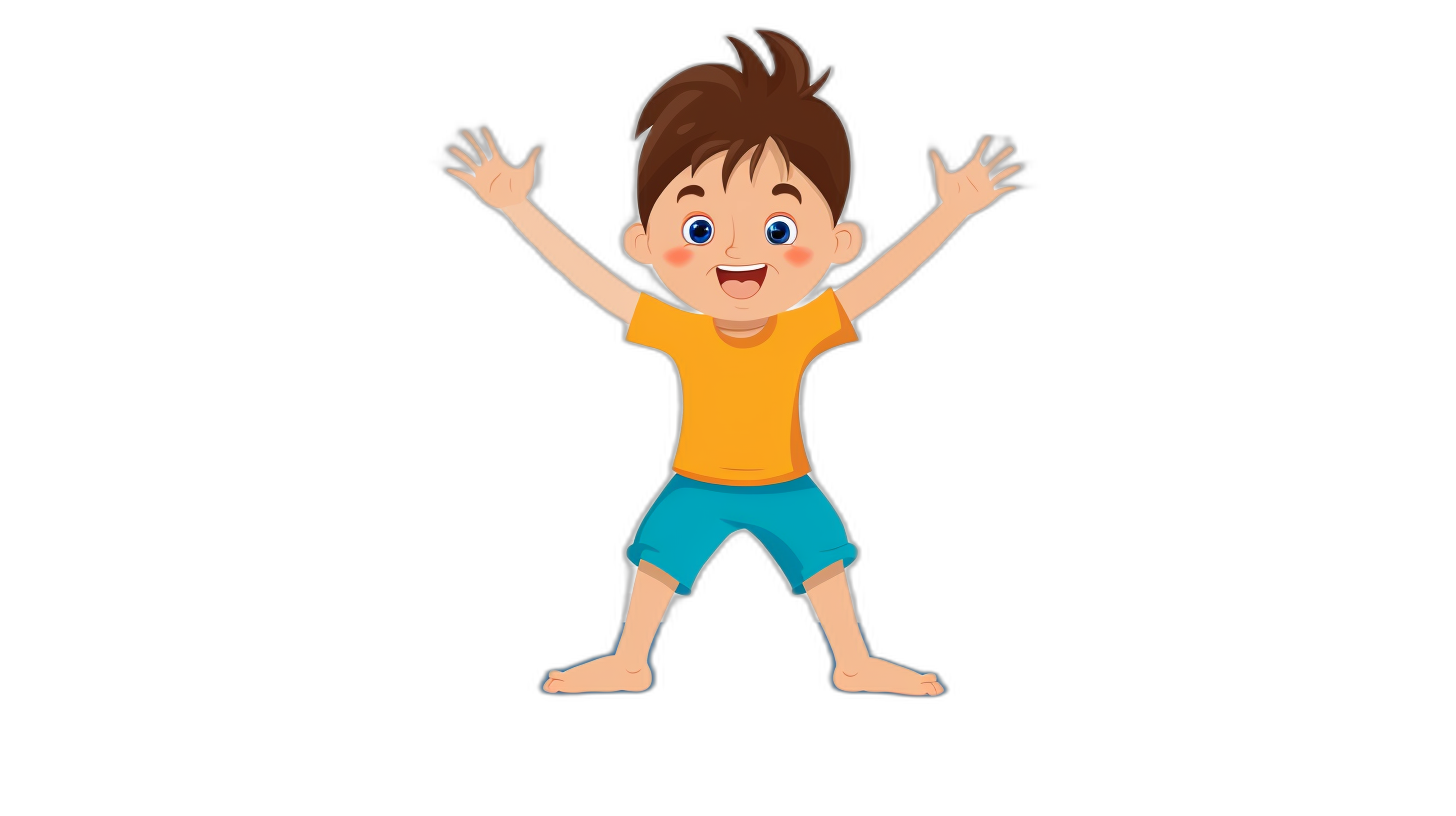 A cute cartoon boy, wearing blue shorts and an orange t-shirt with his hands raised up in the air on black background. Vector illustration for animation or motion graphics.