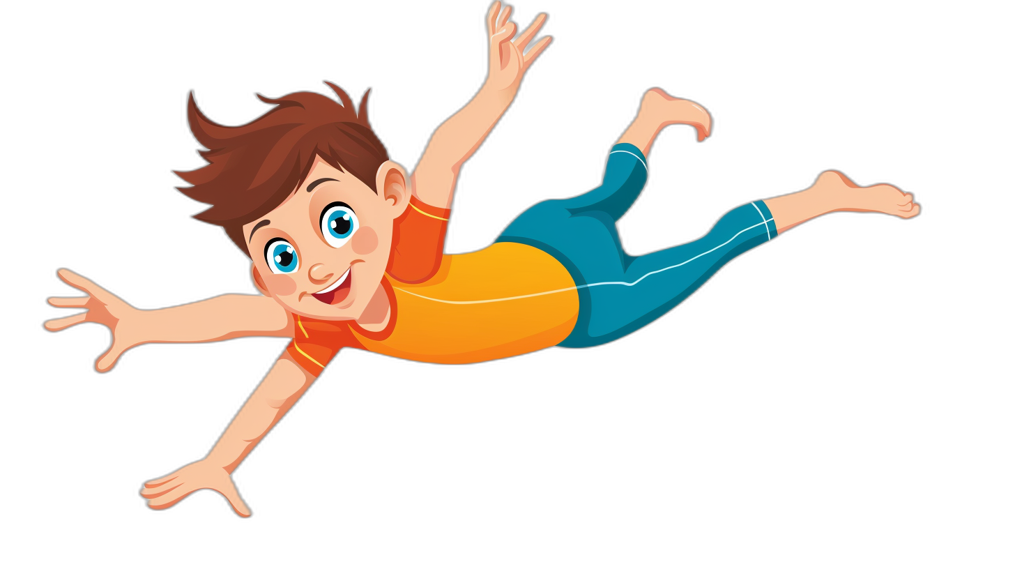 A cartoon boy is falling down in a vector illustration with a black background. The character has brown hair and blue eyes, wearing an orange t-shirt and dark cyan pants with white shoes. He’s smiling while diving towards the ground in mid-air. His arms are spread out to balance him as he falls.