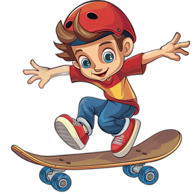 cartoon boy on skateboard, clip art for stickers black background