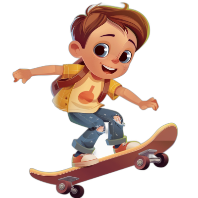 A cute cartoon boy is skateboarding on a simple black background with a 2D game art style and Disney Pixar animation style character design. Bright colors and high resolution are used with a logo in the middle of his body. The artwork includes cartoon characters, animated illustrations, and cartoon character designs in the style of cartoon-like illustrations and cartoon faces with big eyes. He has short brown hair, white skin, blue jeans, a yellow t-shirt and backpack. With hand gestures on both sides, he wears cartoon skateboard shoes.