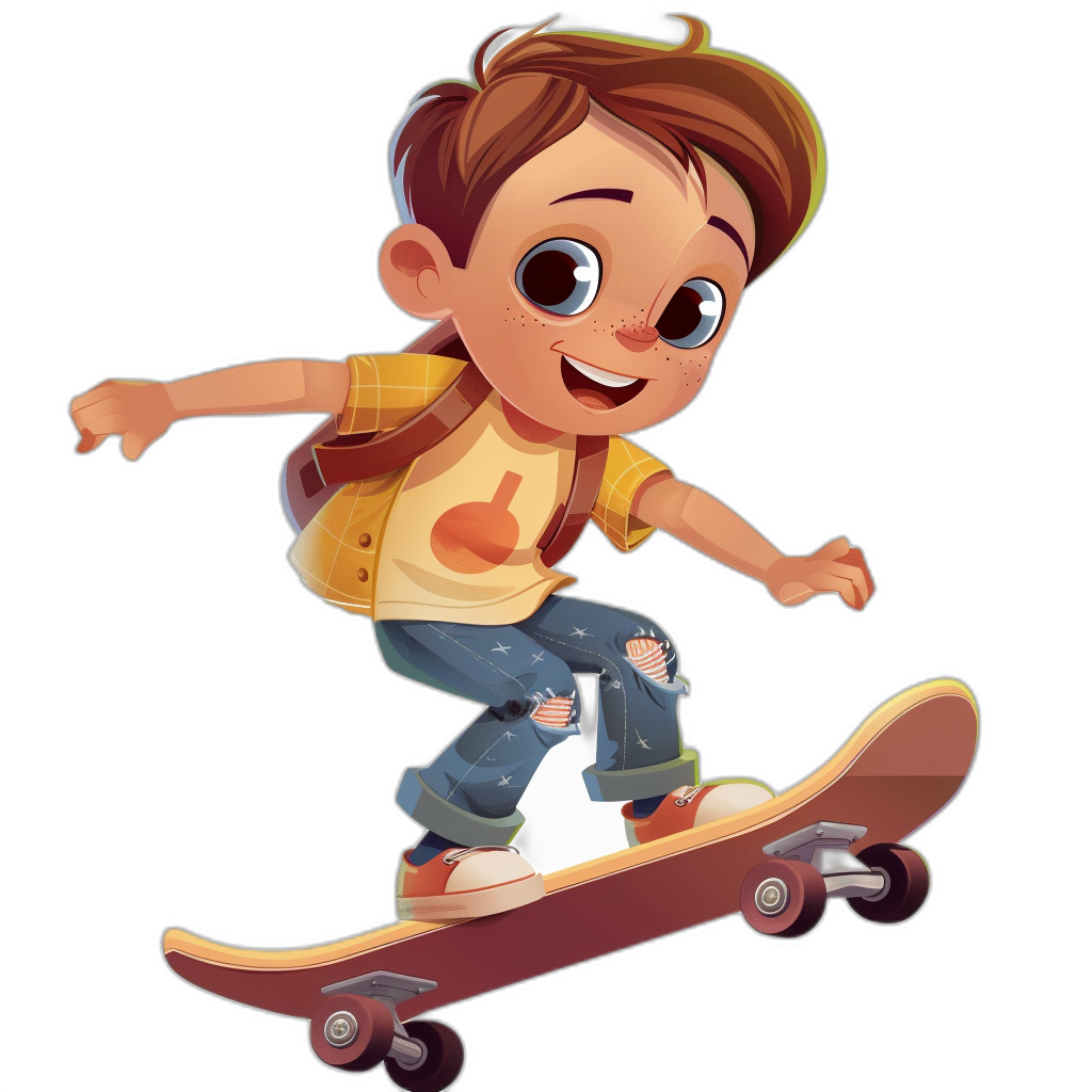 A cute cartoon boy is skateboarding on a simple black background with a 2D game art style and Disney Pixar animation style character design. Bright colors and high resolution are used with a logo in the middle of his body. The artwork includes cartoon characters, animated illustrations, and cartoon character designs in the style of cartoon-like illustrations and cartoon faces with big eyes. He has short brown hair, white skin, blue jeans, a yellow t-shirt and backpack. With hand gestures on both sides, he wears cartoon skateboard shoes.